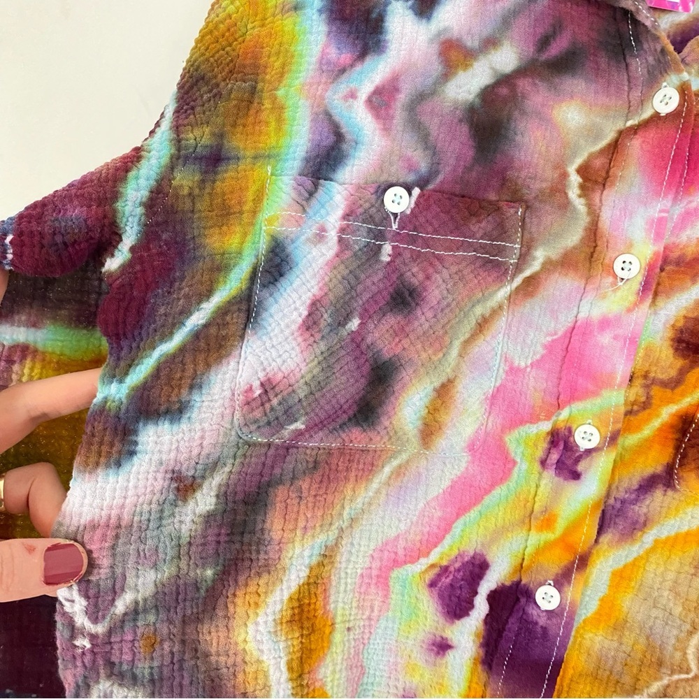 Handmade Geode Tie Dye Button Down Shirt Womens Small Colorful Cotton Crepe Pink - Picture 5 of 13